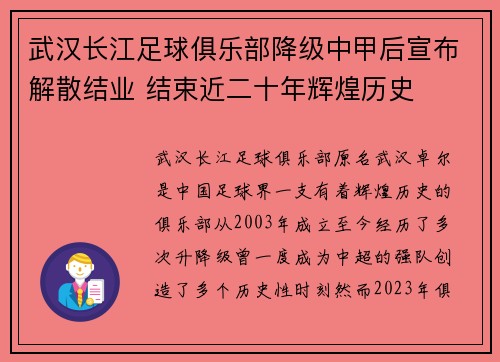 武汉长江足球俱乐部降级中甲后宣布解散结业 结束近二十年辉煌历史 武汉长江足球俱乐部降级中甲后宣布解散结业 结束近二十年辉煌历史
