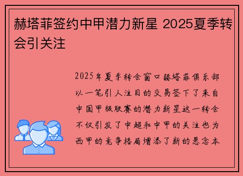 赫塔菲签约中甲潜力新星 2025夏季转会引关注